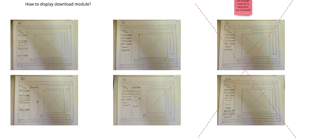 Six handdrawn sketches of download module designs